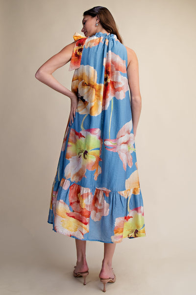 Ruffle Neck Tie Sleeveless Midi Floral Dress