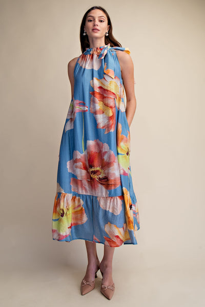 Ruffle Neck Tie Sleeveless Midi Floral Dress