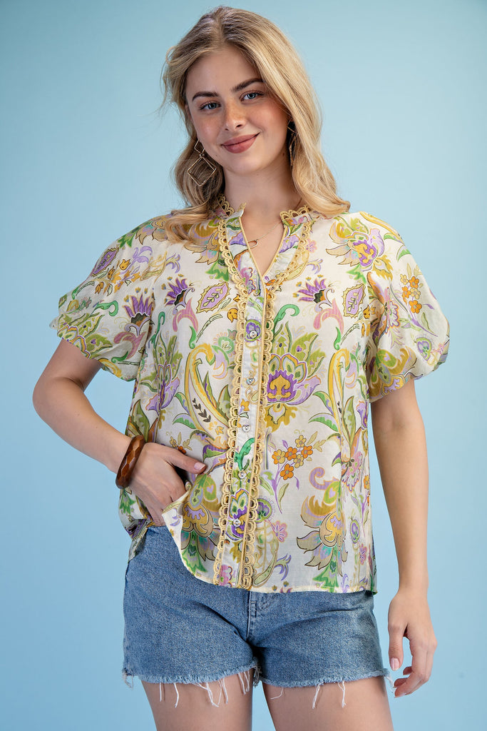 Printed Button Up Puff Sleeve Top
