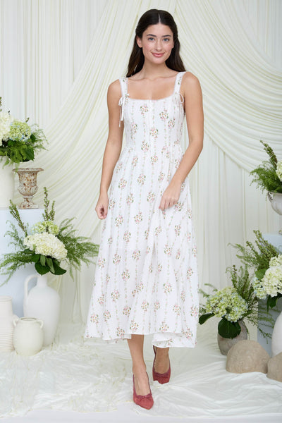 Floral Stripe Pattern Corset Midi Dress