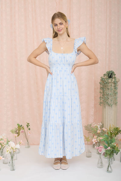 Stripe Floral Flounce Strap Tiered Midi Dress