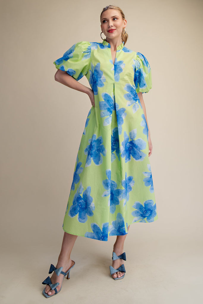 Ruffle V-Neck Puff Sleeve Midi Dress