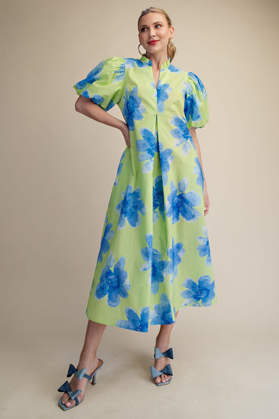 Ruffle V-Neck Puff Sleeve Midi Dress