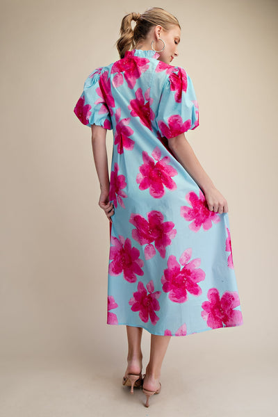 Ruffle V-Neck Puff Sleeve Midi Dress