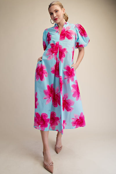 Ruffle V-Neck Puff Sleeve Midi Dress