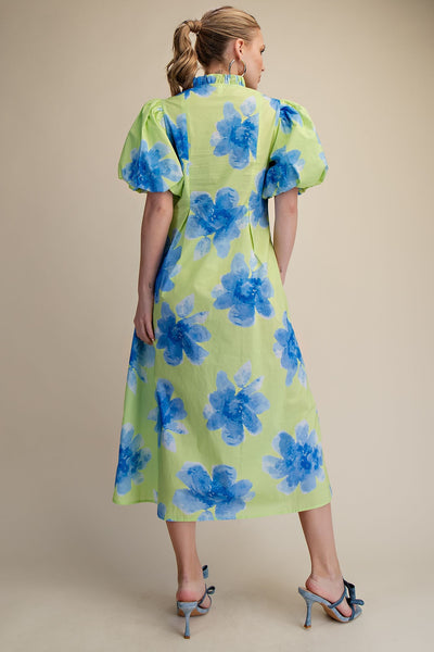 Ruffle V-Neck Puff Sleeve Midi Dress