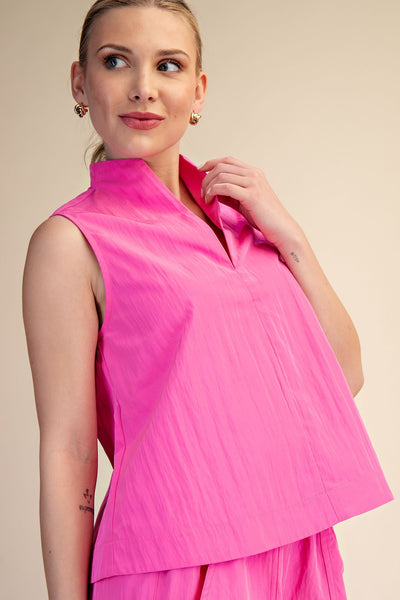 Stand Collar V-neck Sleeveless Top