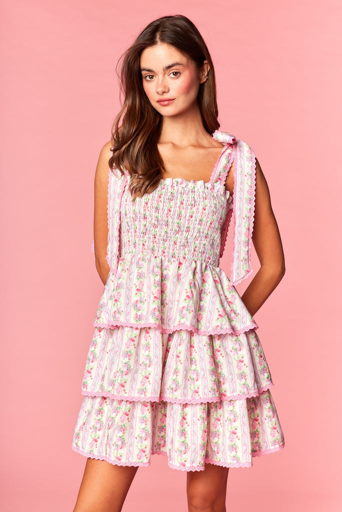 Pink Floral Smocked Tiered Dress