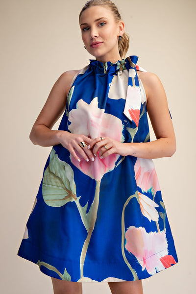 Ruffle Neck Tie Sleeveless Mini Dress