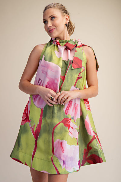 Ruffle Neck Tie Sleeveless Mini Dress