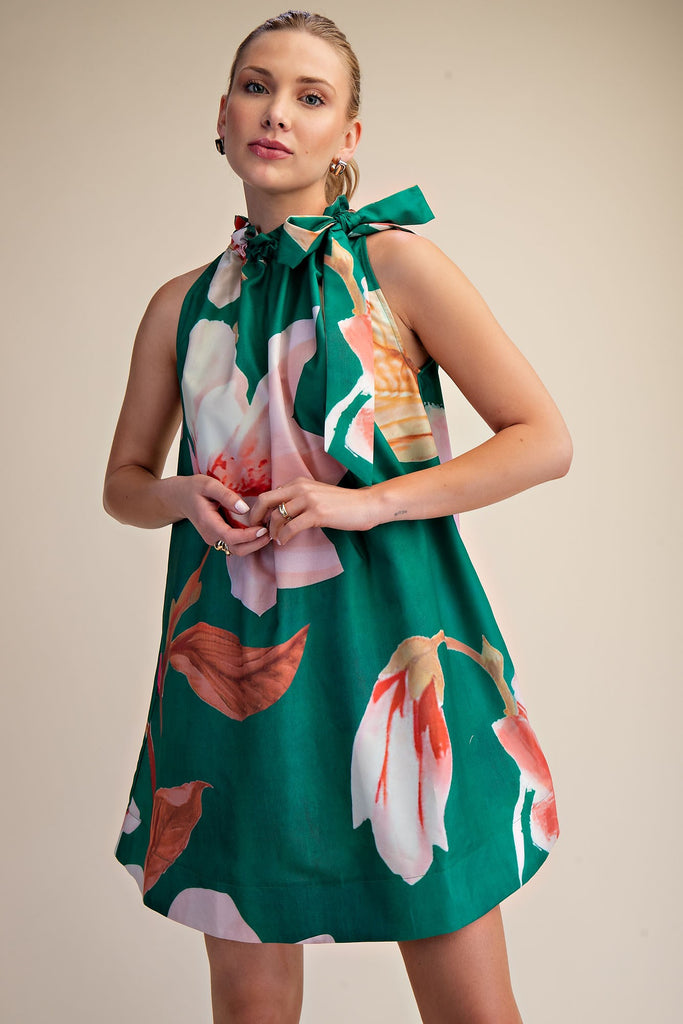Ruffle Neck Tie Sleeveless Mini Dress
