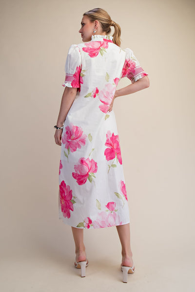 Button Placket Floral Midi Dress