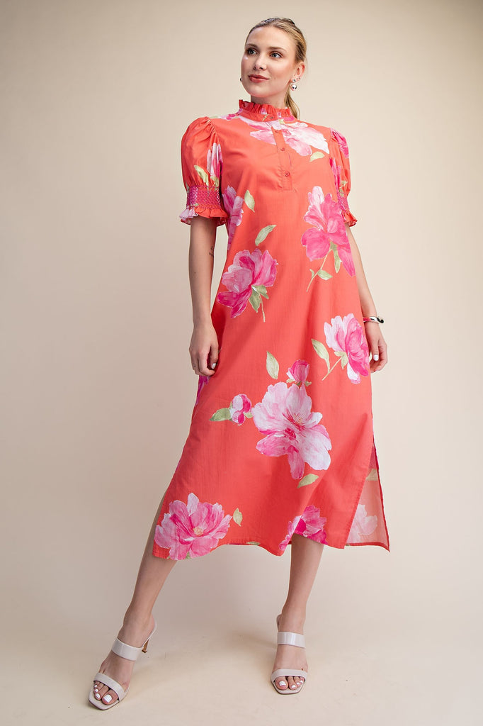 Button Placket Floral Midi Dress