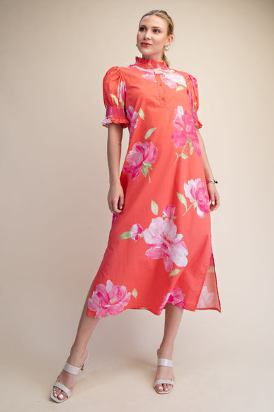 Button Placket Floral Midi Dress