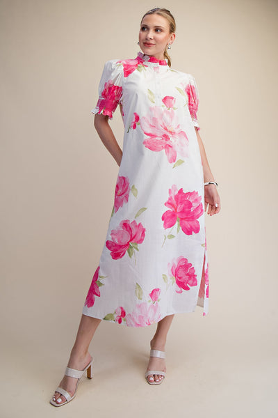 Button Placket Floral Midi Dress