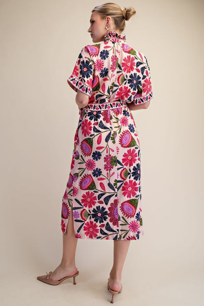 Floral Midi Dress W/ Waist Tie Belt
