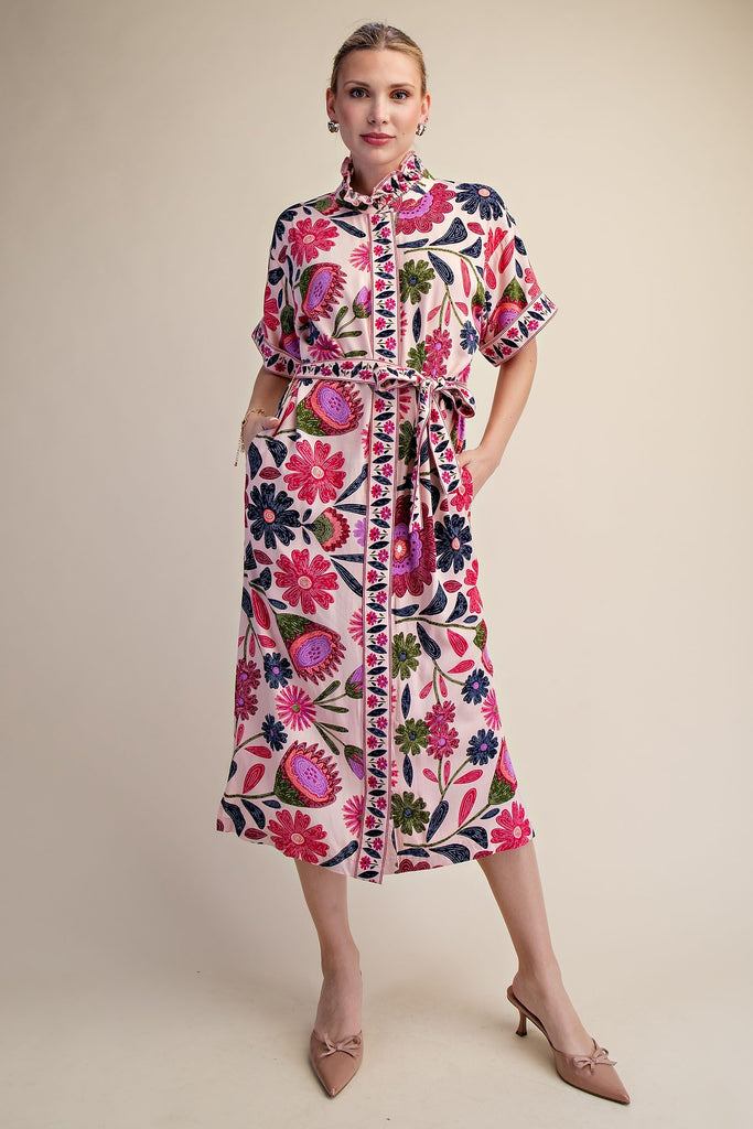 Floral Midi Dress W/ Waist Tie Belt