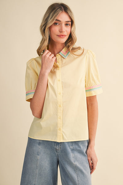 Button Down Top With Pastel Rainbow Trim