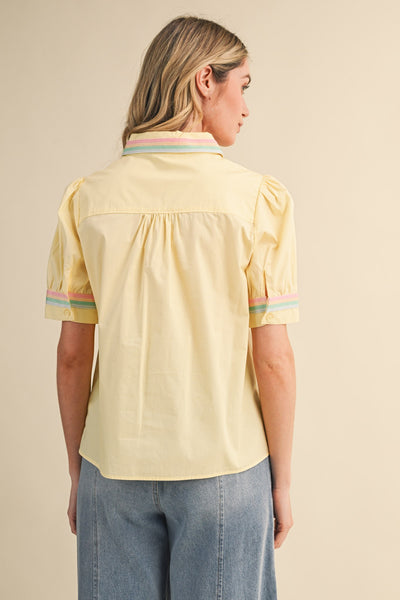 Button Down Top With Pastel Rainbow Trim