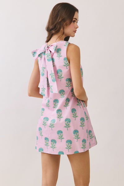 Floral Round Neck Back Tie Mini Dress