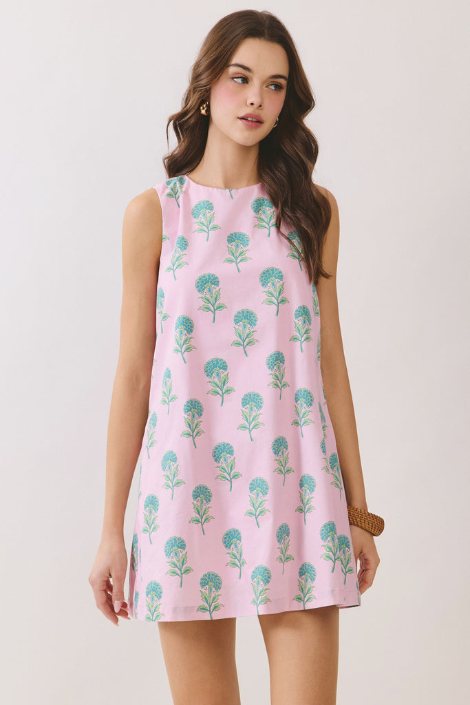 Floral Round Neck Back Tie Mini Dress
