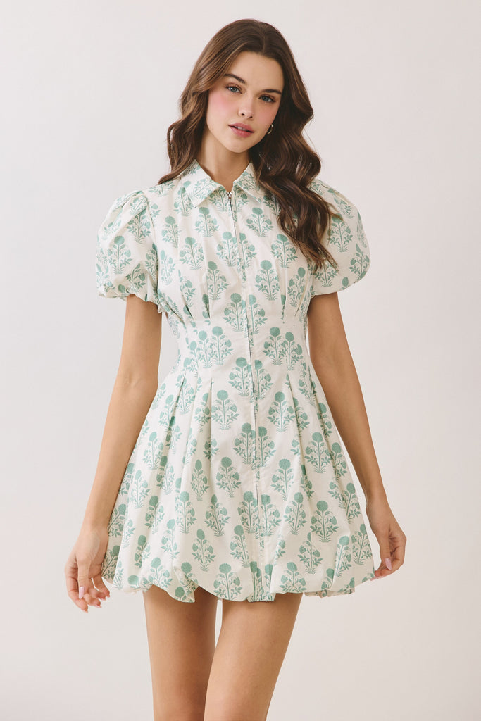 Floral Puff Sleeve Bubble Hem Mini Dress