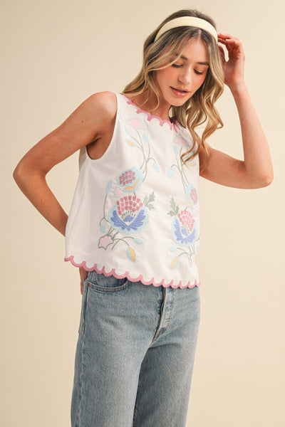 Floral Embroidery Scalloped Tank Top