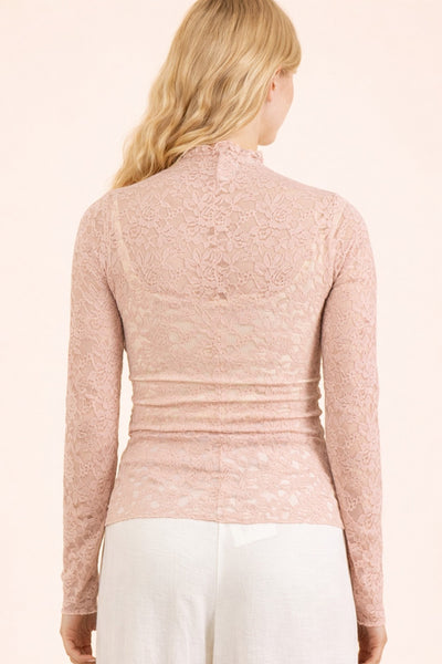 High Neck Fitted Sheer Mesh Lace Knit Top