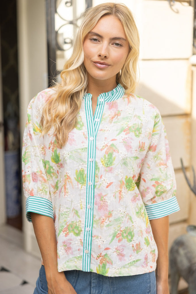 Stripe Contrast Floral Embroidered Top