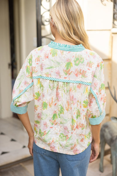 Stripe Contrast Floral Embroidered Top