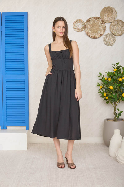 Square Neck Front Tie Midi Dress