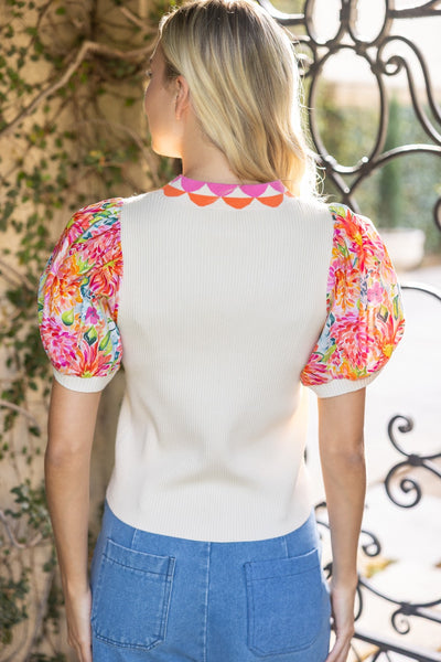 Floral Contrast Sleeve Ribbed Knit Top