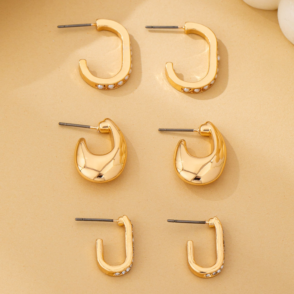 Rhinestone Pearl Huggie Hoop Trio Earrings Set