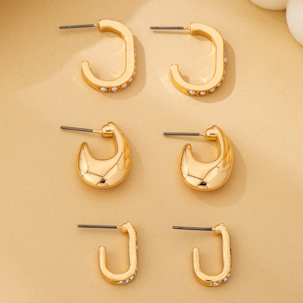 Rhinestone Pearl Huggie Hoop Trio Earrings Set