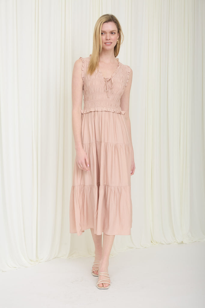 Smocked Ruffle Detail Tiered Midi Dress