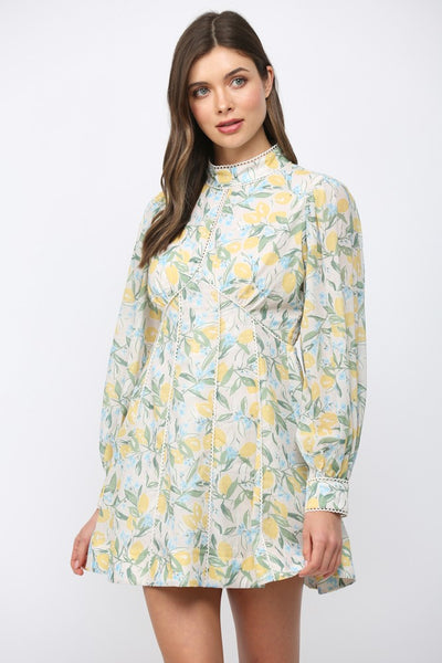 Lace Trim Lemon & Floral Print Dress
