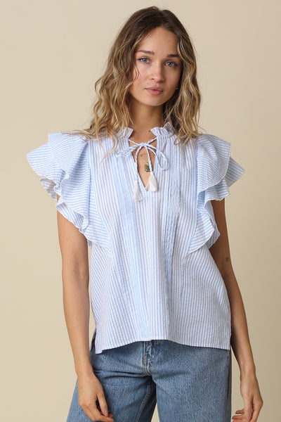 Denisse Pintuck Striped Ruffle Top