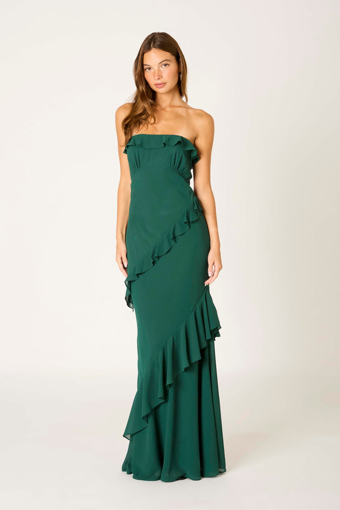 Strapless Ruffle Open Back Maxi Dress