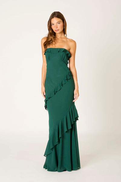 Strapless Ruffle Open Back Maxi Dress