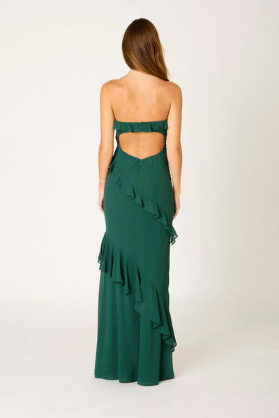 Strapless Ruffle Open Back Maxi Dress