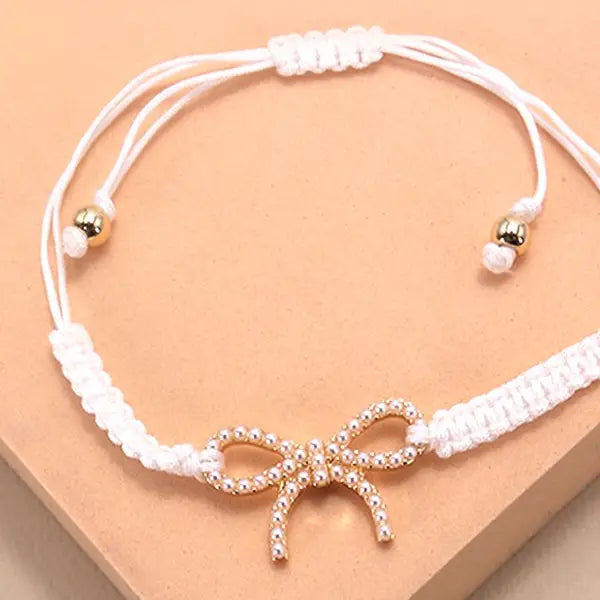 Adjustable Rope Band Pearl Heart Bow Bracelet