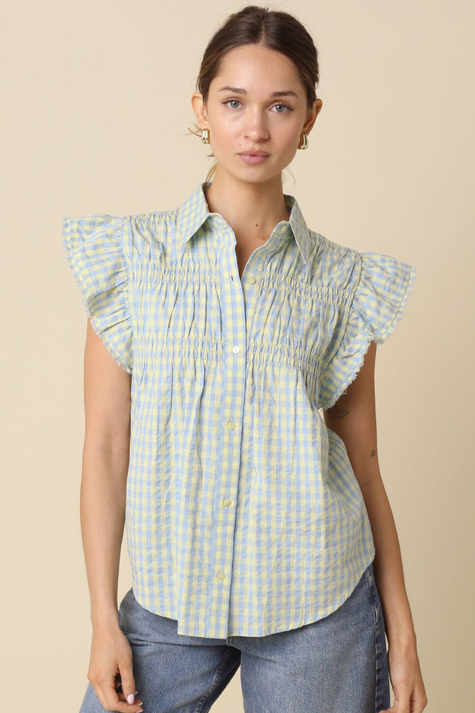 Gingham Pintuck Flutter Sleeve Top
