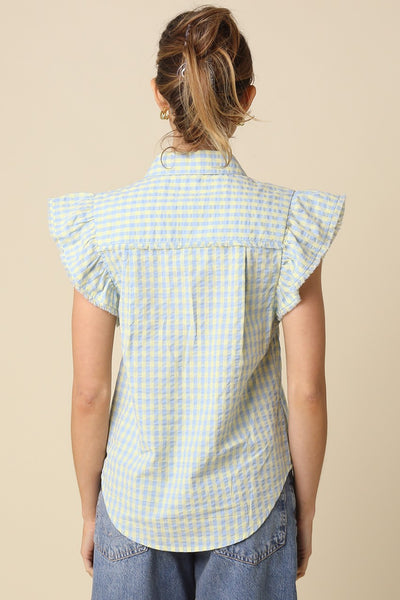Gingham Pintuck Flutter Sleeve Top