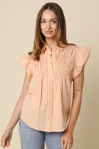 Gingham Pintuck Flutter Sleeve Top