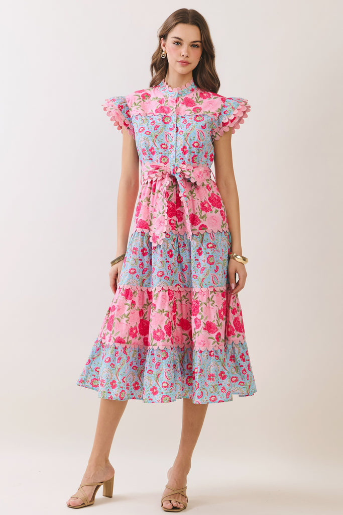 Floral Scallop Detail Tiered Midi Dress