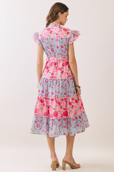 Floral Scallop Detail Tiered Midi Dress