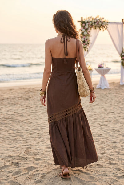 Cutwork Trimmed Halter Neck Maxi Dress