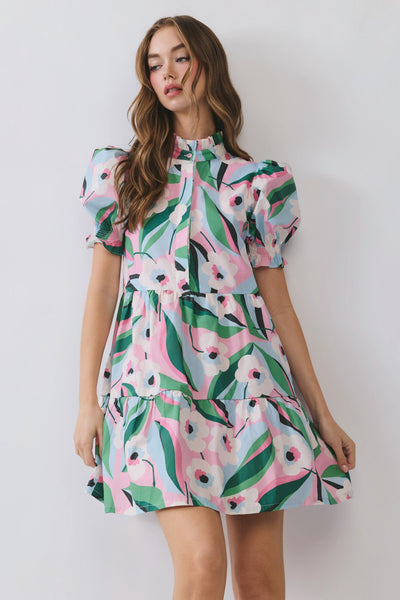 Floral Puff Sleeve Tiered Mini Dress