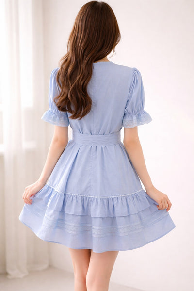 Lace Trimmed Tie Waist Tiered Dress