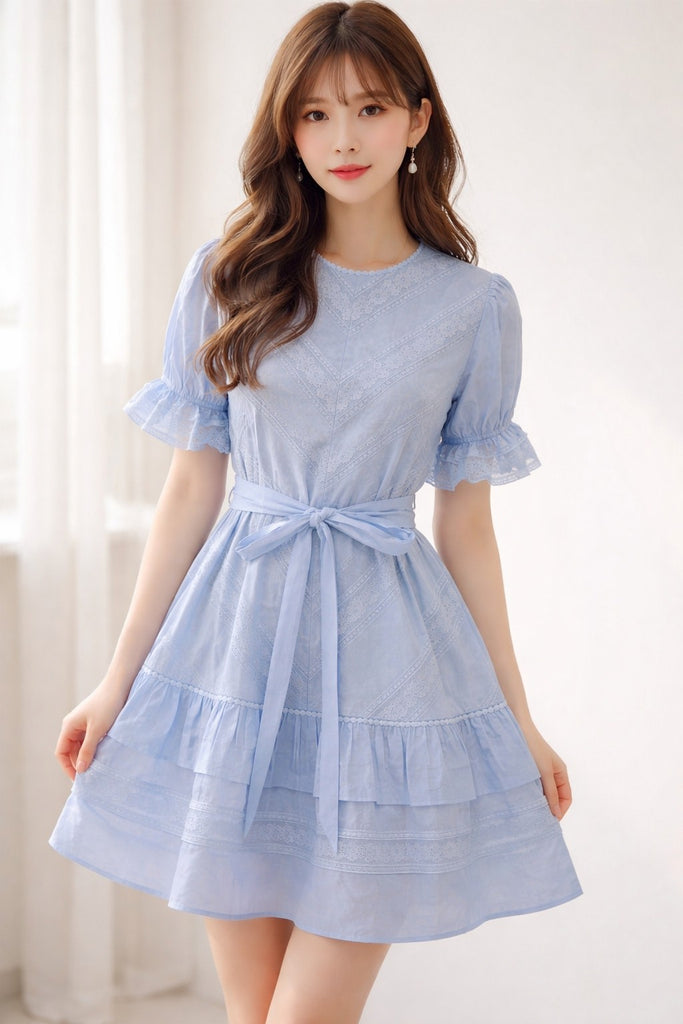 Lace Trimmed Tie Waist Tiered Dress